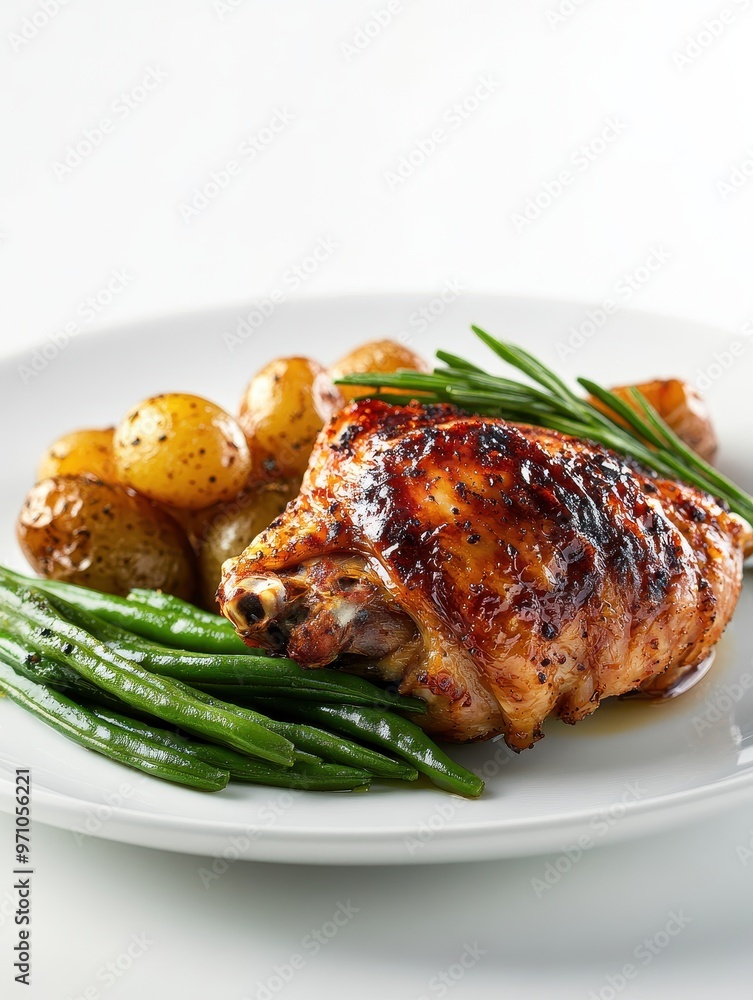 A plate featuring grilled chicken, roasted potatoes, and green beans, showcasing a meal presentation. A plate featuring grilled chicken, roasted potatoes, and green beans, showcasing a meal presentation.