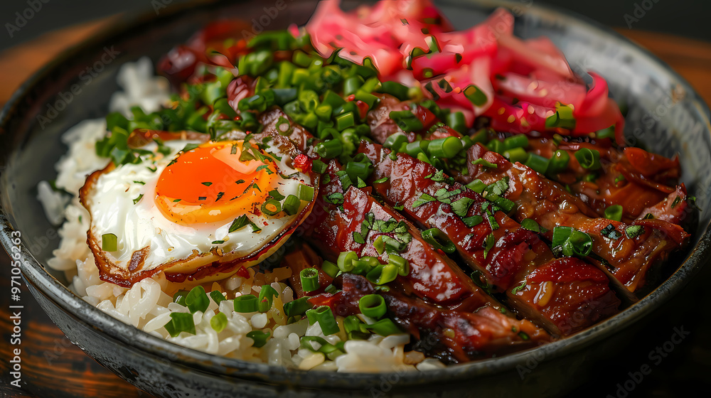Stewed pork leg on rice and egg and Chopped pickled cabbage Stewed pork leg on rice and egg and Chopped pickled cabbage