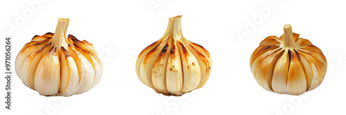 set of roasted garlic olden-brown caramelization and cloves, isolated on a transparent background photo