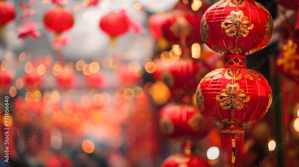 Red Chinese lanterns with gold patterns hanging as festive decoration. Chinese New Year celebration and cultural tradition concept.