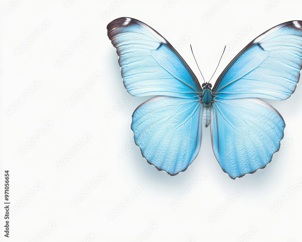 A blue butterfly with black wings is on a white background A blue butterfly with black wings is on a white background