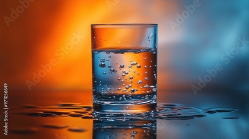 Glass of Water with Bubbles Against a Colorful Background