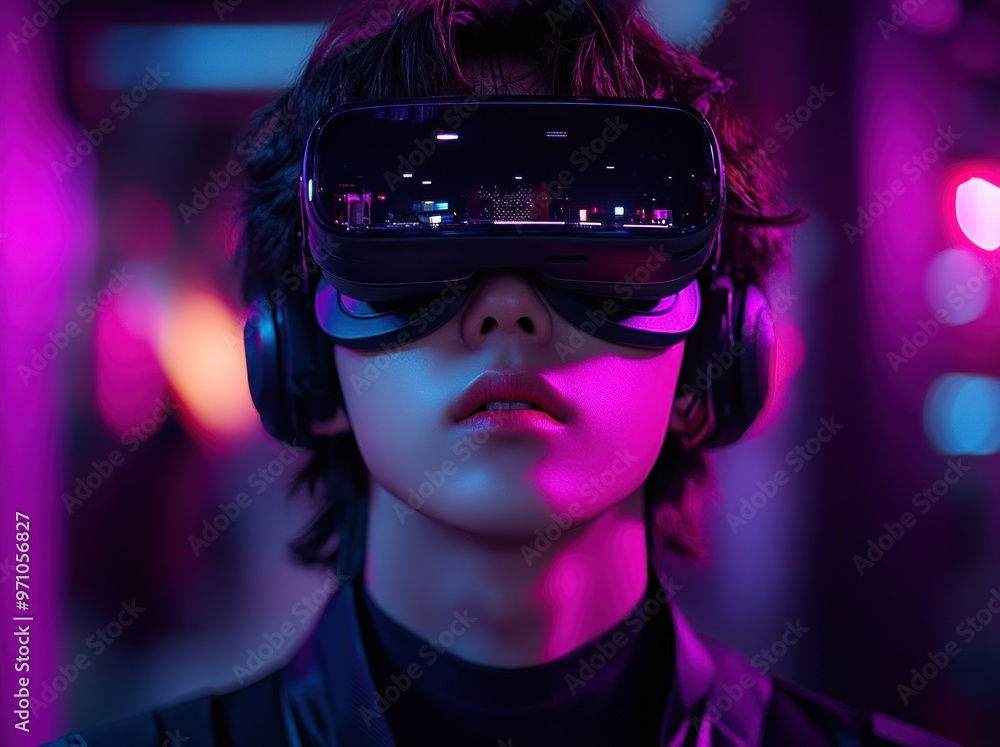 Young Man Wearing VR Headset in Neon Light Young Man Wearing VR Headset in Neon Light