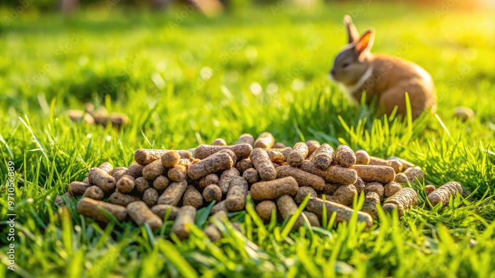 Freshly deposited rabbit droppings scatter the lush green grass of a ...