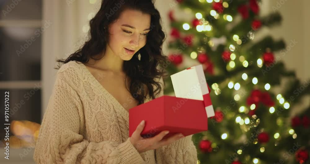 Young Woman Excitedly Opening Christmas Gift by Decorated Tree Young Woman Excitedly Opening Christmas Gift by Decorated Tree