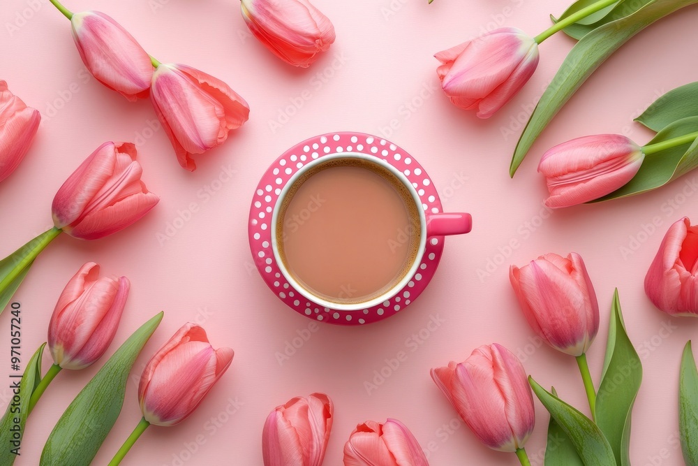Aesthetic flat lay of a polka dot pink cup of coffee surrounded by vibrant pink tulips on a light background with generative ai Aesthetic flat lay of a polka dot pink cup of coffee surrounded by vibrant pink tulips on a light background with generative ai