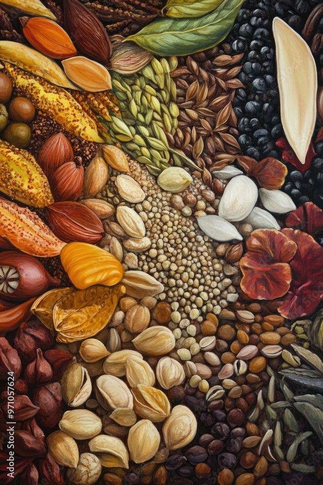 Obraz premium Oil painting showcasing a diverse assortment of seeds emphasizing the beauty and variety of a seed collection