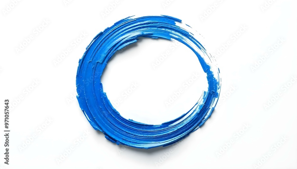 Hand painted circular stroke of blue paint brush on a white background, with a few drips at the end of the stroke for added realism Hand painted circular stroke of blue paint brush on a white background, with a few drips at the end of the stroke for added realism