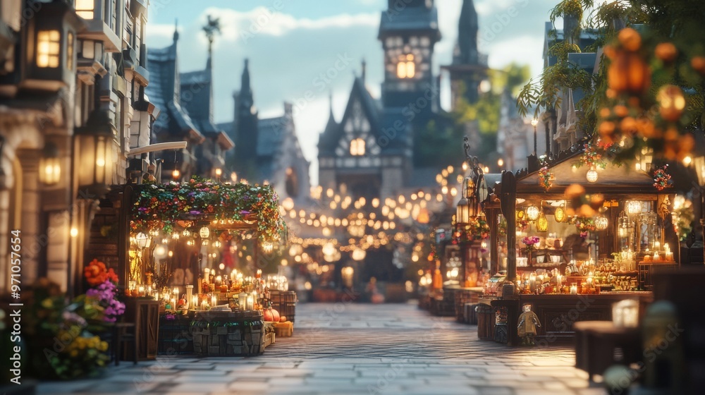Medieval town square holding a Halloween market stands selling spooky trinkets and candles Medieval town square holding a Halloween market stands selling spooky trinkets and candles