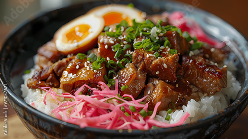 Stewed pork leg on rice and egg and Chopped pickled cabbage