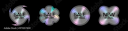 Holographic stickers set with a metallic sheen showcasing various promotional messages such as SALE  20%, 30% OFF, NEW ARRIVAL, and SALE HOT PRICES. Labels and emblems have distinct shapes.