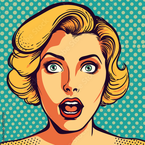 Face of an admiring or surprised woman. Retro pop art comic style. Vector illustration.