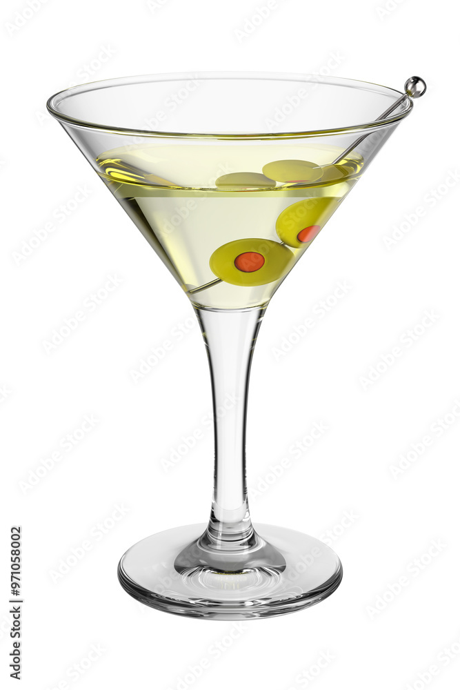 Glass with cocktail on transparent isolated background. Beverage with olives. Bar theme. Alcoholic drink. 3d rendering. Glass with cocktail on transparent isolated background. Beverage with olives. Bar theme. Alcoholic drink. 3d rendering.