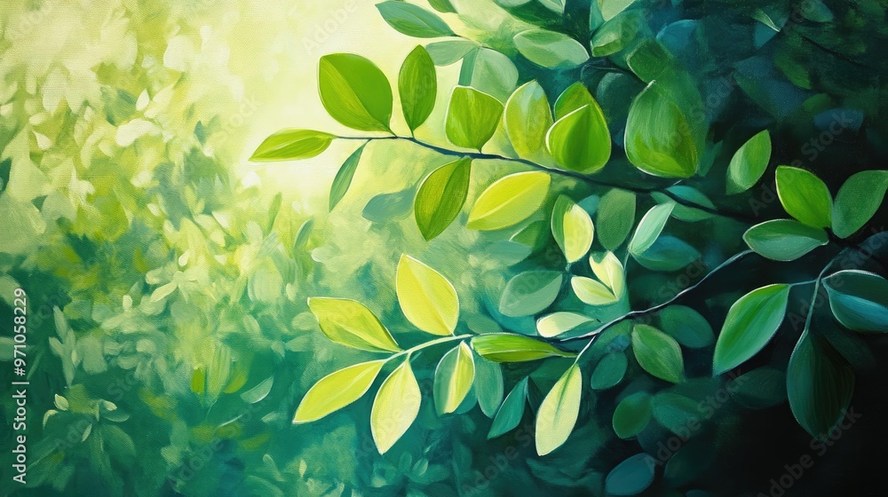 Oil painting showcasing a vibrant natural background featuring fresh green hues from the leaves of the Phyllanthus acidus tree Oil painting showcasing a vibrant natural background featuring fresh green hues from the leaves of the Phyllanthus acidus tree