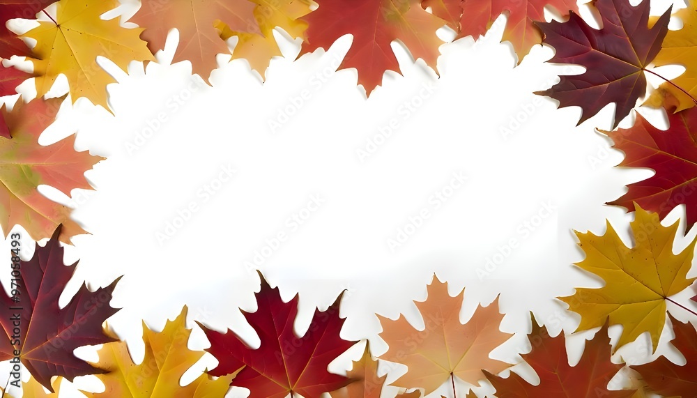 Autumn leaves in red, orange, and brown arranged around the edges, creating a natural frame with a blank background in the center. Autumn leaves in red, orange, and brown arranged around the edges, creating a natural frame with a blank background in the center.