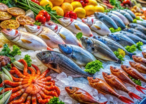 Fresh seafood on display at a bustling coastal market, colorful arrays of fish, crustaceans, and shellfish arranged on ice, surrounded by ocean-inspired decorations.