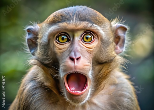 Frightened primate's loud vocalization captured in a close-up portrait, demonstrating intense emotional distress, with furrowed brow and wide, fearful eyes. photo