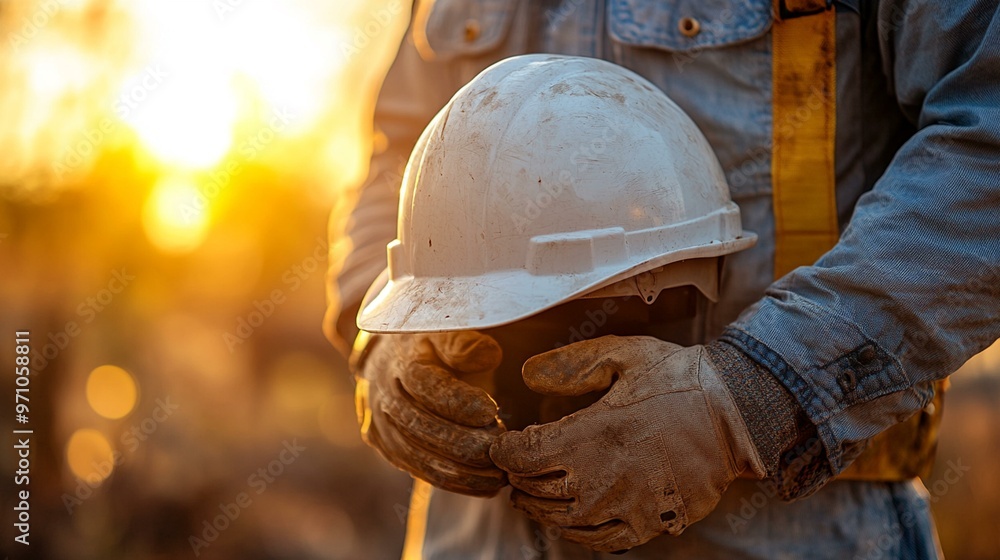 this Technician holding a white safety hard hat with sunlight in the background, highlighting occupational safety. this Technician holding a white safety hard hat with sunlight in the background, highlighting occupational safety.