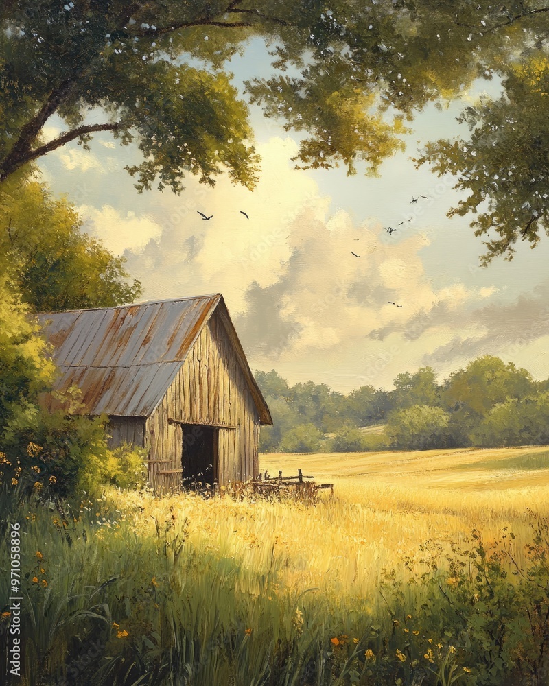 Obraz premium Oil painting depicting a rural farm scene with fields and a rustic structure in a serene setting