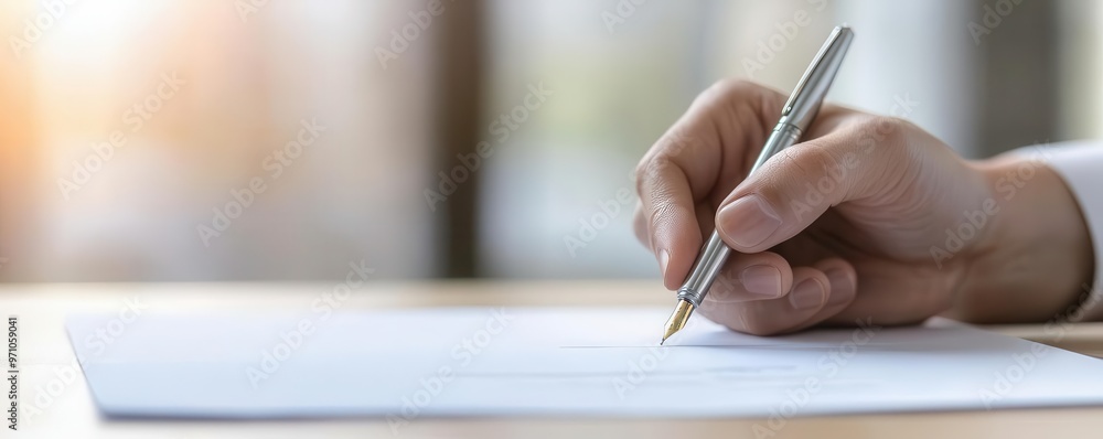 Close-up of a hand holding a pen, ready to sign a contract at the negotiation table, signing agreement, final stage of negotiation Close-up of a hand holding a pen, ready to sign a contract at the negotiation table, signing agreement, final stage of negotiation