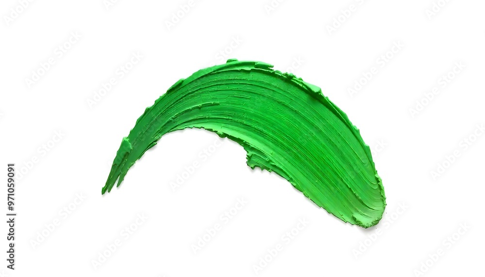 Hand painted stroke of green curved paint brush on a white background, with a few drips at the end of the stroke for added realism Hand painted stroke of green curved paint brush on a white background, with a few drips at the end of the stroke for added realism