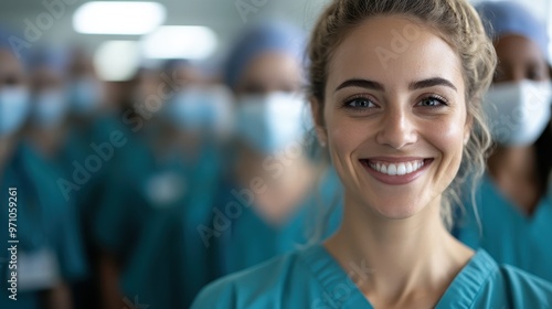 A smiling healthcare professional stands confidently in her scrubs, embodying dedication and care, highlighting the strength and compassion of modern healthcare.