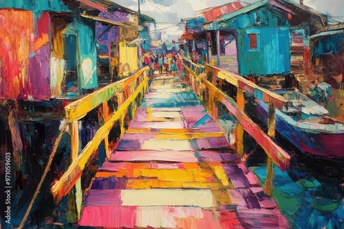 Wallpaper Mural Oil painting showcasing a colorful wooden bridge in a lively fish market setting emphasizing perspective and vibrant hues Torontodigital.ca