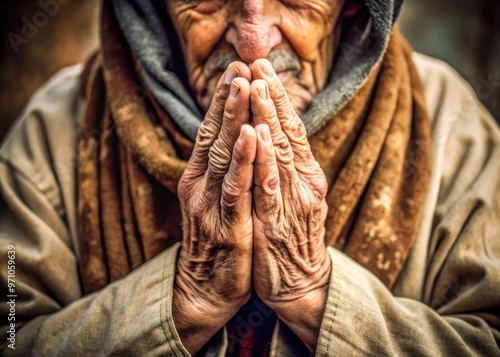 Gentle, worn hands with visible scars and holes, softly clasped in prayer, evoking a sense of sacrifice, compassion, and spiritual serenity. photo