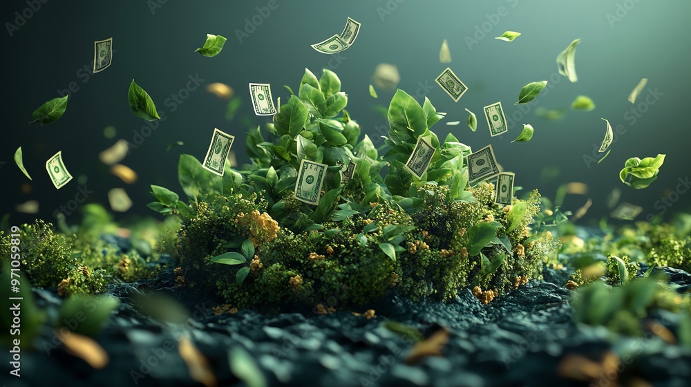 Fototapeta premium Green plant with dollar bills floating around it, symbolizing financial growth.