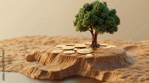 Small tree with coins and gold nuggets, symbolizing growth and investment. photo