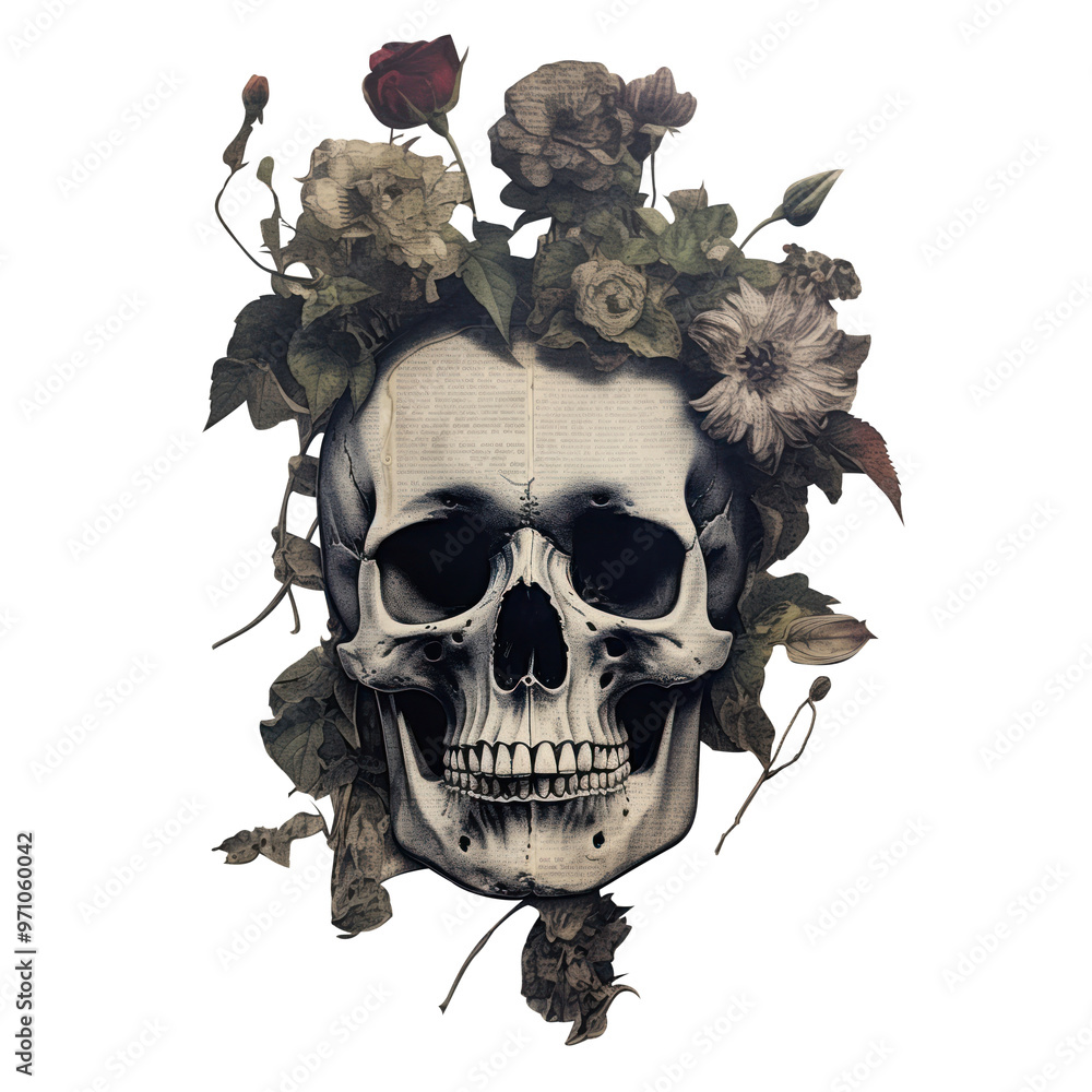 PNG Wallpaper ephemera pale skull painting plant art.