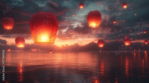 Glowing lanterns floating high into the sky, symbolizing wishes and dreams, festival glowtime, peaceful and cultural, with realistic effects, true details style