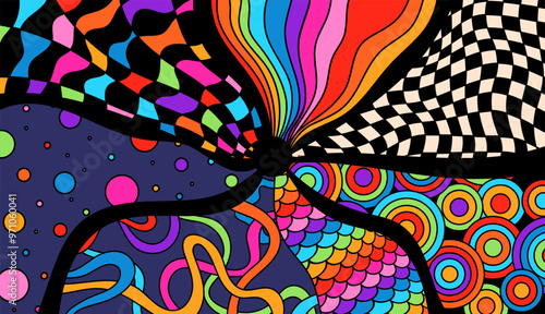 Zentangle coloring page for adult. Psychedelic groovy color background.