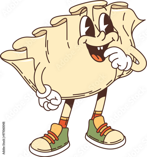Retro cartoon gyoza groovy character with funny face, vector comic dumpling. Groovy gyoza or jiaozi character of Asian Japanese or Chinese cuisine in retro cartoon with yummy silly or freaky smile