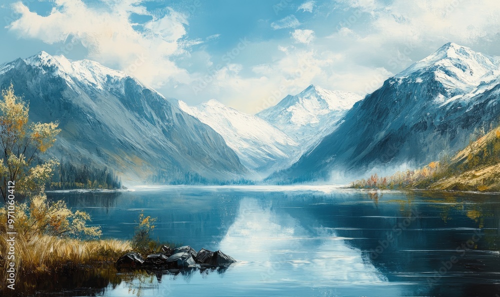 Oil painting depicting a tranquil lake scene surrounded by majestic snow capped mountains Oil painting depicting a tranquil lake scene surrounded by majestic snow capped mountains