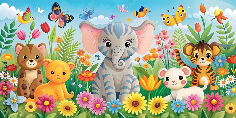 Naklejka premium Whimsical nursery art featuring cute animals like elephant, duck, cat, dog, and tiger surrounded by colorful flower power designs, nursery