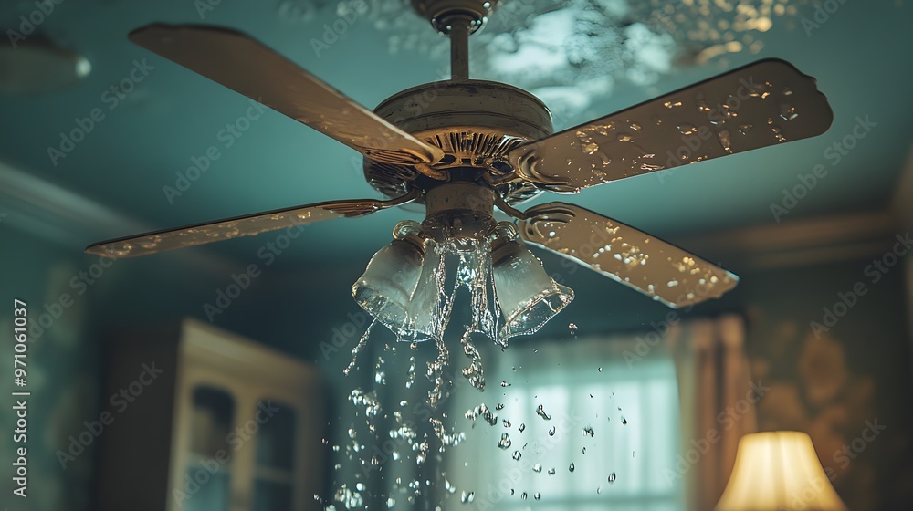 Flooded ceiling fan dripping water, creating a splash across furniture, a clear depiction of home damage and insurance needs Flooded ceiling fan dripping water, creating a splash across furniture, a clear depiction of home damage and insurance needs
