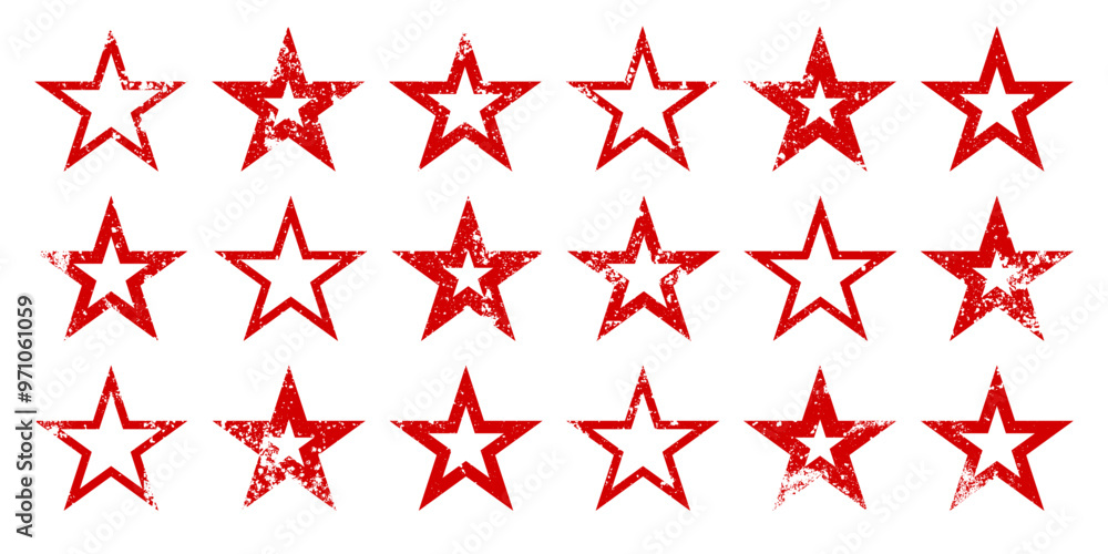 Obraz premium Red vintage stars with cracks and stains. Old hand-drawn sign, black simple shape. Retro design element with distressed effect, grunge texture. Vector illustration