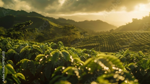 Lush Green Coffee Plantation in Panama s Scenic Highlands Basking in Warm Sunlight photo