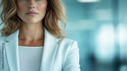 A confident woman is smiling while wearing a business suit, exuding professionalism and positivity in a bright, modern office environment, ready to tackle her tasks.