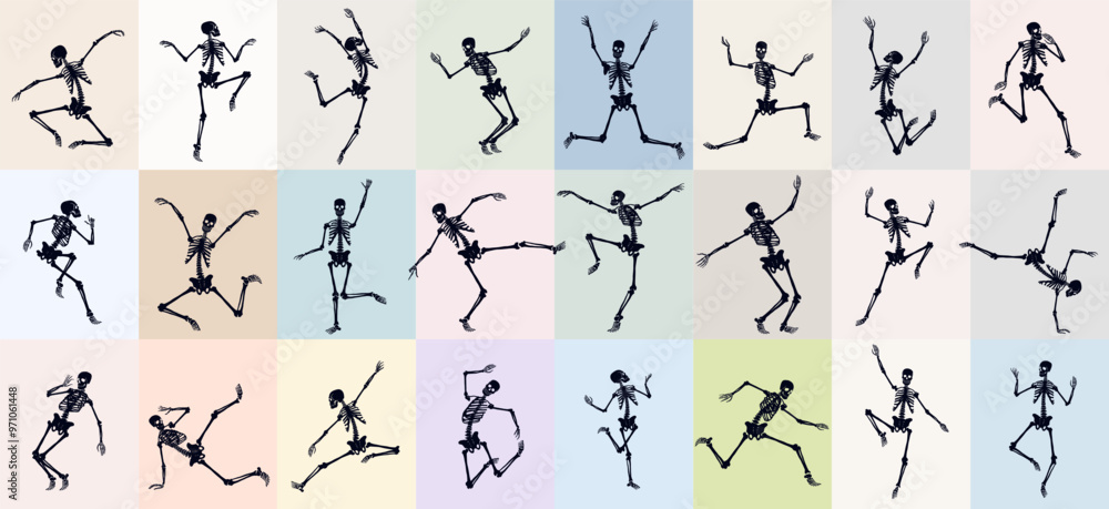 Big set of Halloween skeletons. Realistic skeletons, spooky halloween party skeleton mascots vector. Template realistic skeletons vector characters. Holidays Halloween, dance skeleton party, bones. Big set of Halloween skeletons. Realistic skeletons, spooky halloween party skeleton mascots vector. Template realistic skeletons vector characters. Holidays Halloween, dance skeleton party, bones.