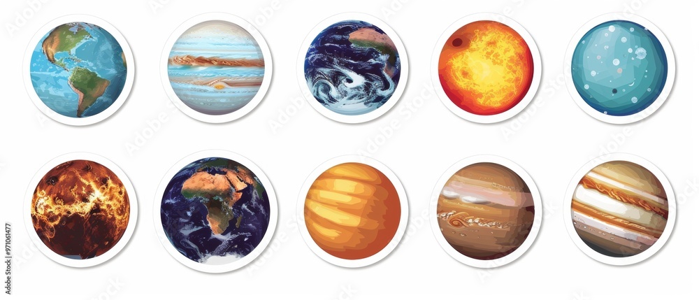 A collection of stickers depicting the planets in our solar system A collection of stickers depicting the planets in our solar system