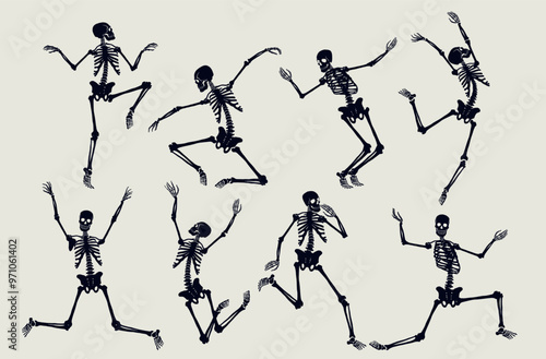 Set of skeletons dancing with different positions vector. Template dancing Halloween holidays or Day of the dead skeletons. Vector design creepy, realistic, scary human bones characters silhouettes.
