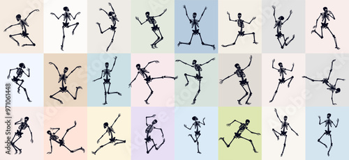 Big set of Halloween skeletons. Realistic skeletons, spooky halloween party skeleton mascots vector. Template realistic skeletons vector characters. Holidays Halloween, dance skeleton party, bones.