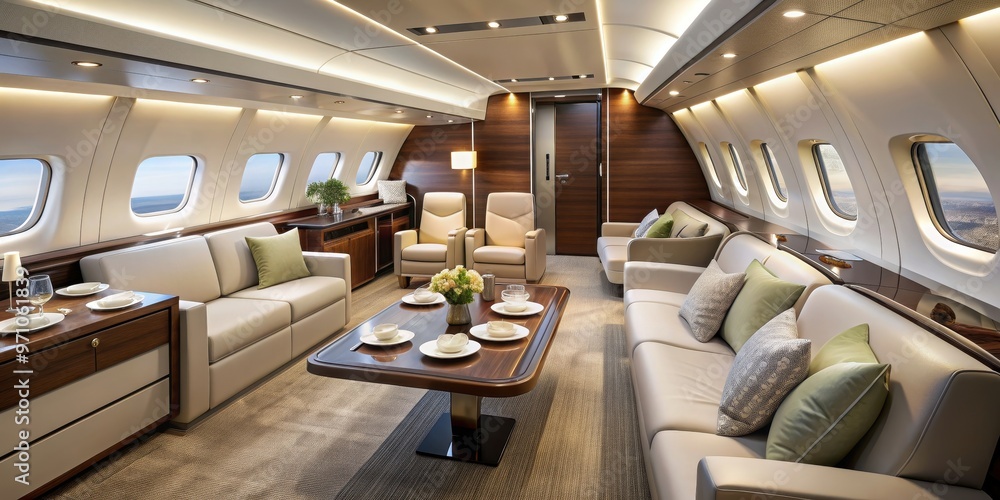 Obraz premium Luxurious private jet interior with spacious living room and dining area, private jet, airplane, aircraft, luxury