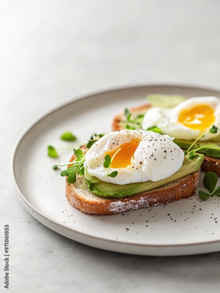 A plate of avocado toast topped with poached eggs and microgreens. A plate of avocado toast topped with poached eggs and microgreens.