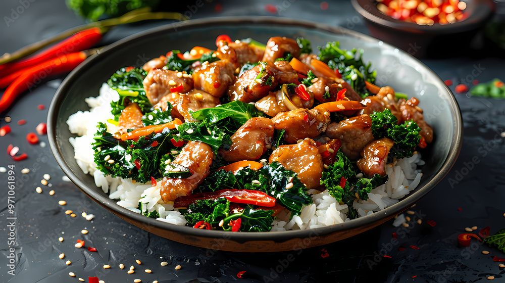 Stir-fried kale vegetable with crispy pork Add fried garlicFaint smoke Stir-fried kale vegetable with crispy pork Add fried garlicFaint smoke