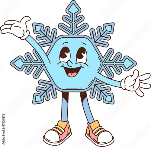 Retro groovy Christmas snowflake cartoon character for winter holiday, vector funny snow. Groovy funky snowflake with happy smile on silly face for Merry Christmas or New Year cartoon character