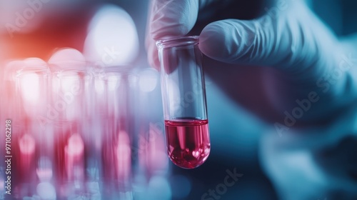 A gloved hand is holding a test tube filled with a red liquid in a lab, symbolizing scientific experimentation, medical research, or chemical analysis in a controlled environment.