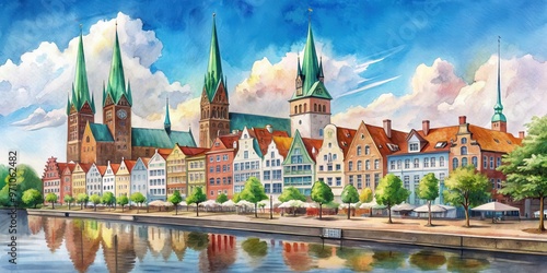 Watercolor painting of a promenade with medieval houses in Lubeck